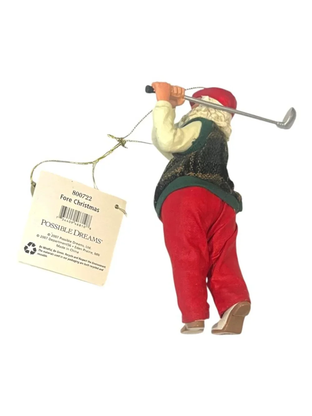 Clothique Possible Dreams Santa Golfer Hanging Christmas Tree Ornament 6.5'' NEW